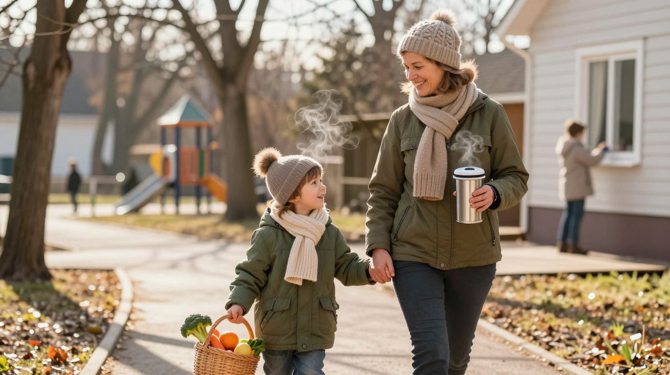 Mãe e filho de mão dada num parque de inverno com roupas quentes e cesto com frutas.