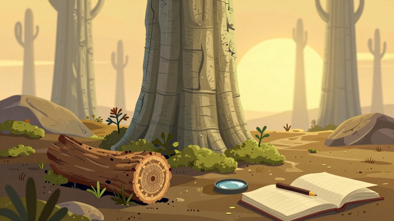 Cena de floresta com tronco, grandes árvores, caderno aberto com lápis e lente de aumento ao pôr do sol.