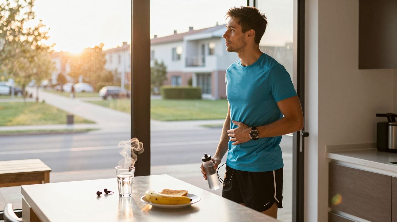 Homem de roupa desportiva a beber água na cozinha com frutas numa mesa e vista para a rua ao amanhecer.