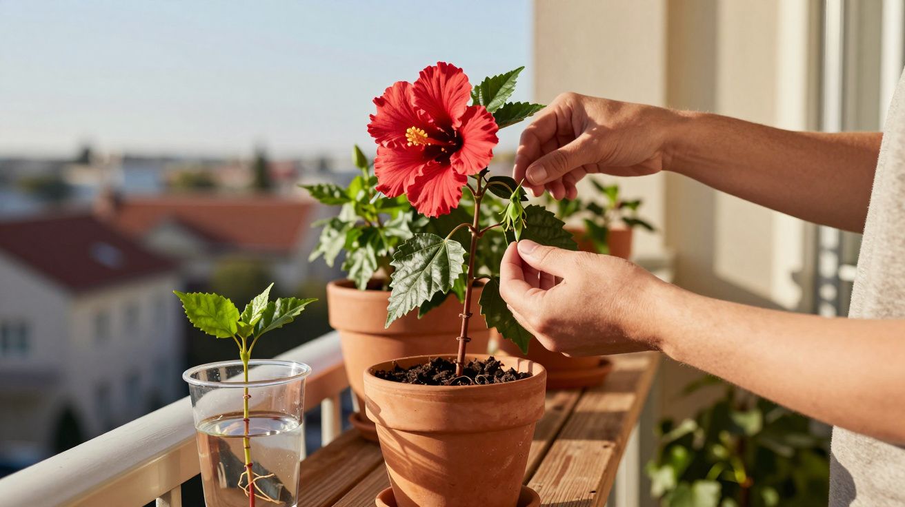 Mãos a cuidar de uma planta de hibisco em vaso no parapeito de varanda com outras plantas ao fundo.