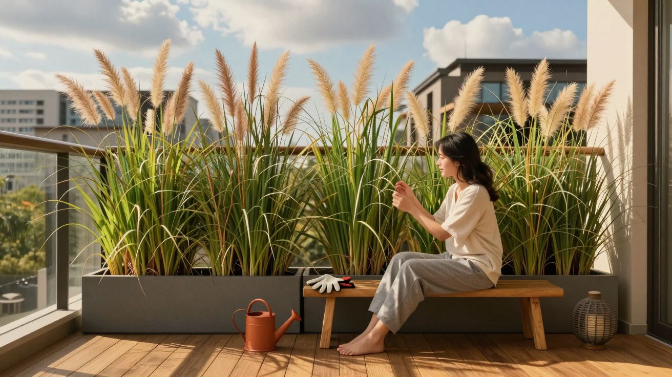 Mulher sentada numa varanda com plantas altas em vasos, ao lado de regador e luvas de jardinagem.