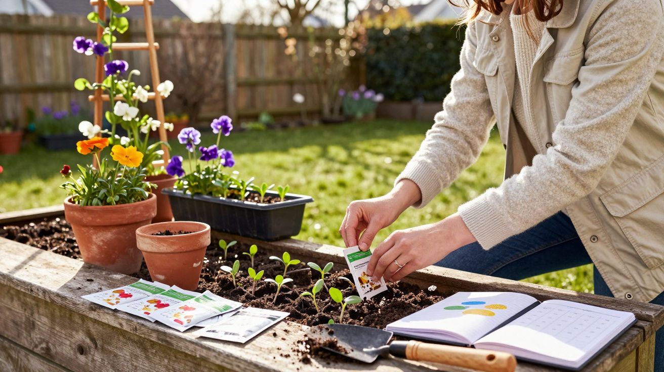 Pessoa a plantar sementes numa horta elevada com flores e material de jardinagem num jardim ao ar livre.