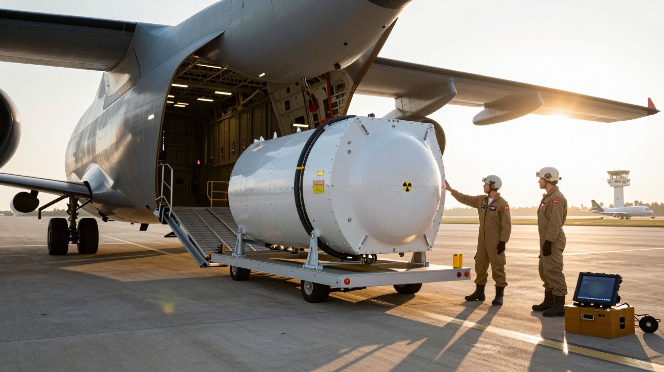 Dois militares acompanham o carregamento de uma grande ogiva nuclear num avião militar.