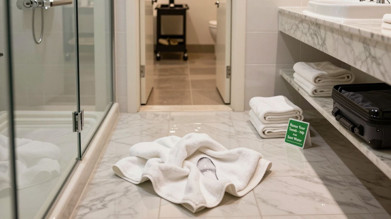 Casa de banho com chão em mármore, toalha branca caída no chão e mala preta junto à bancada.