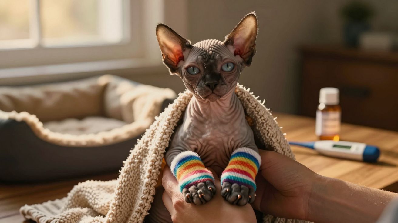 Gato sphynx com braceletes coloridas nas patas envolto em manta, mãos humanas segurando-o numa divisão iluminada.