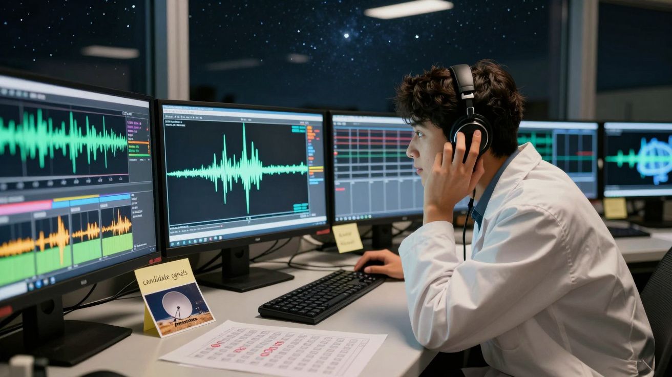 Cientista em laboratório a analisar gráficos de ondas sonoras em vários ecrãs com auscultadores.