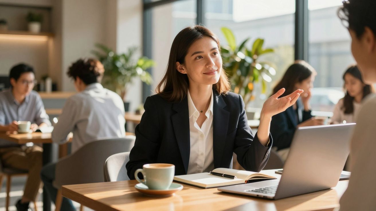 Mulher em reunião de trabalho num café, sentada à mesa com laptop, caderno e café, a conversar animadamente.