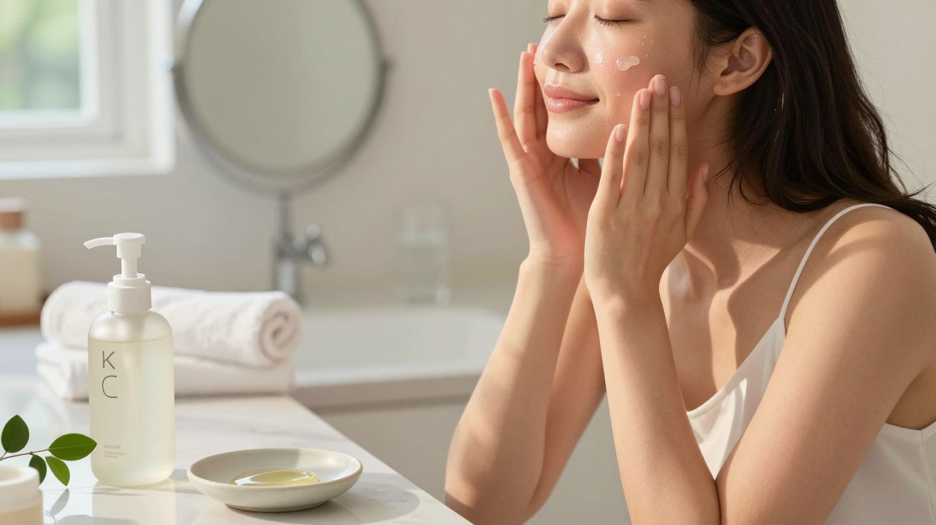 Mulher a aplicar creme facial num ambiente de casa de banho com toalhas e espelho ao fundo.