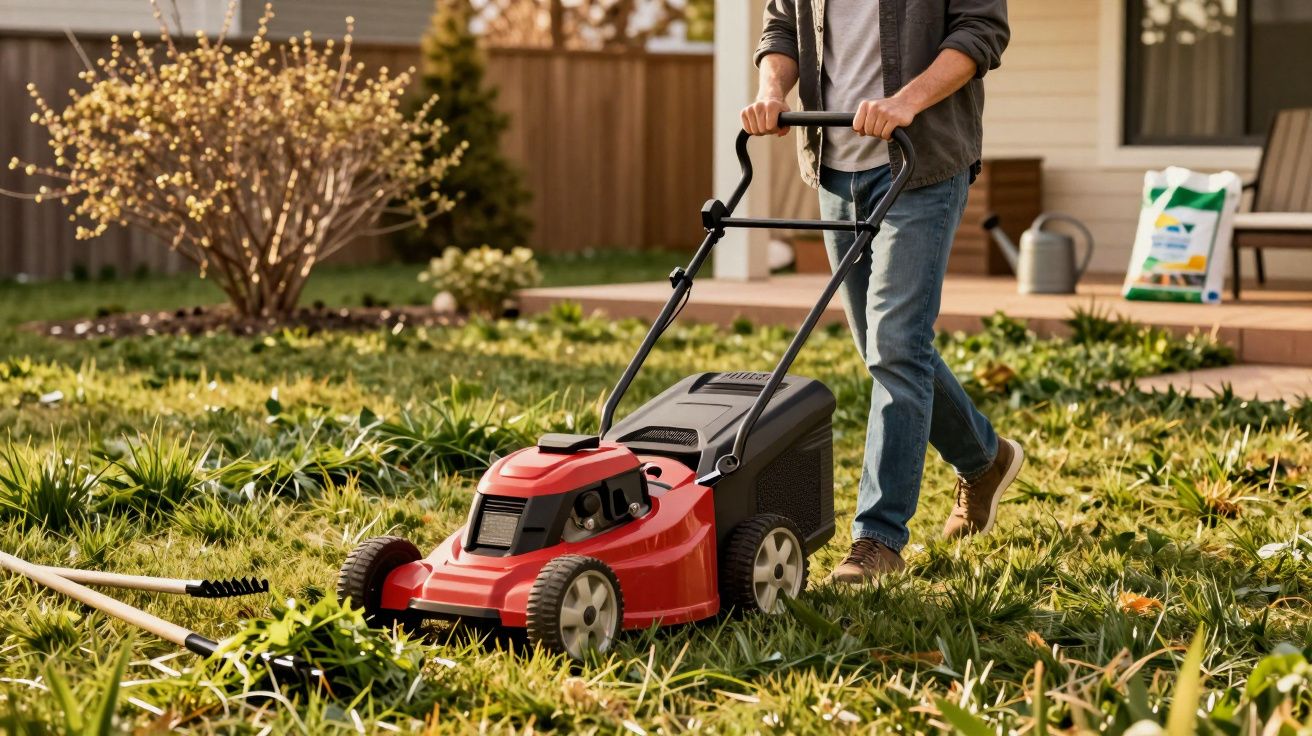 Pessoa a cortar relva com corta-relvas vermelho num jardim residencial em dia ensolarado.