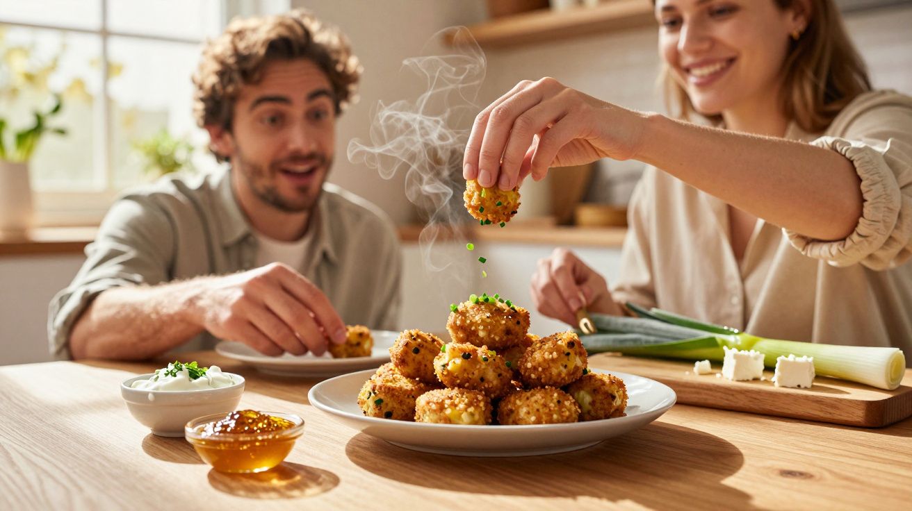 Casal feliz aprecia croquetes quentes numa mesa com molhos e legumes frescos.
