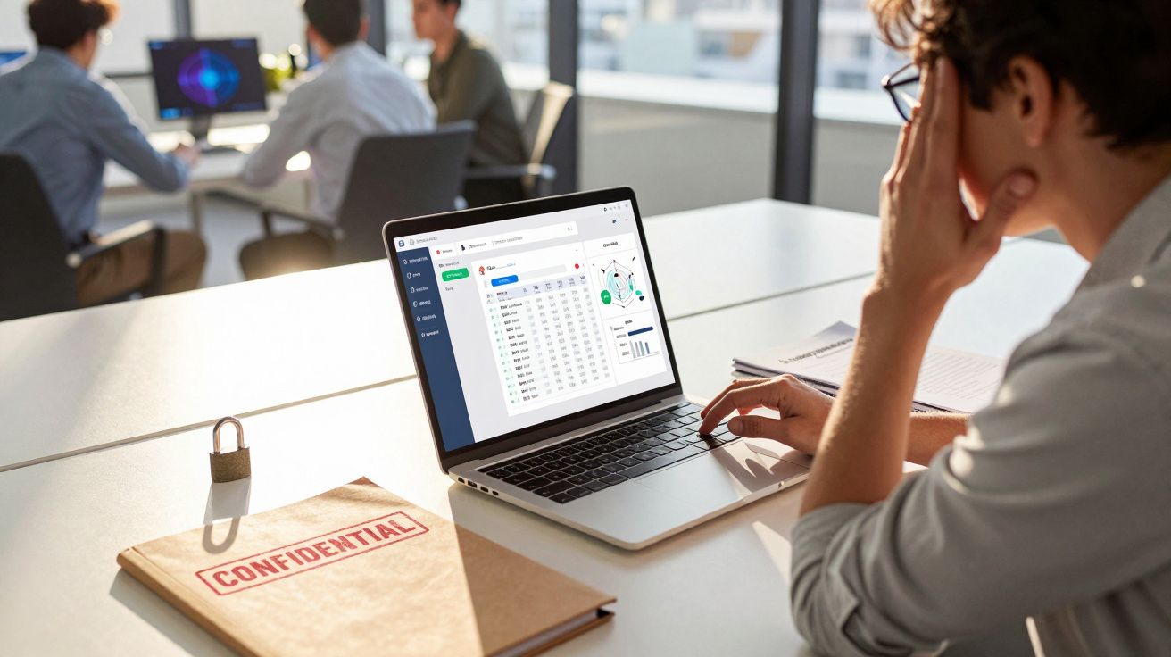 Pessoa a trabalhar num portátil perto de pasta marcada como confidencial numa mesa de escritório com outras pessoas ao fundo.