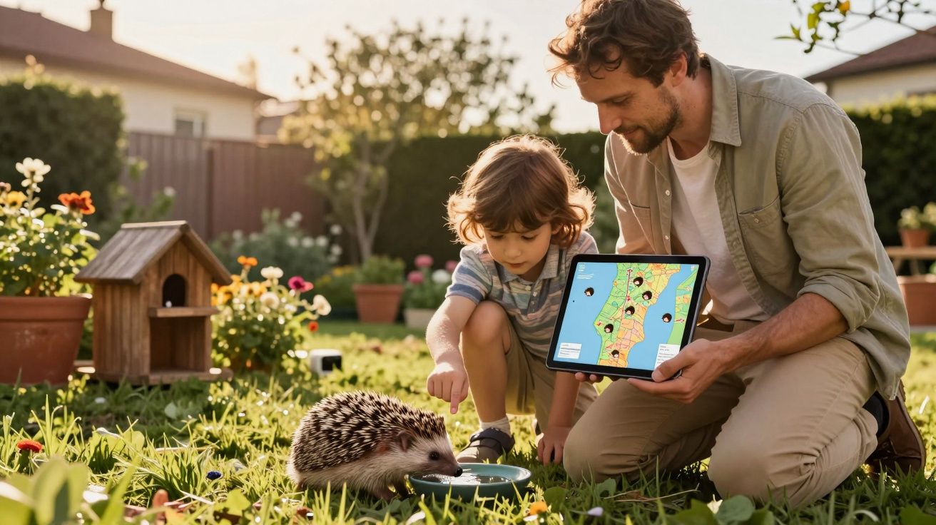 Pai e filho no jardim com um ouriço a comer, segurando um tablet com mapa interativo.
