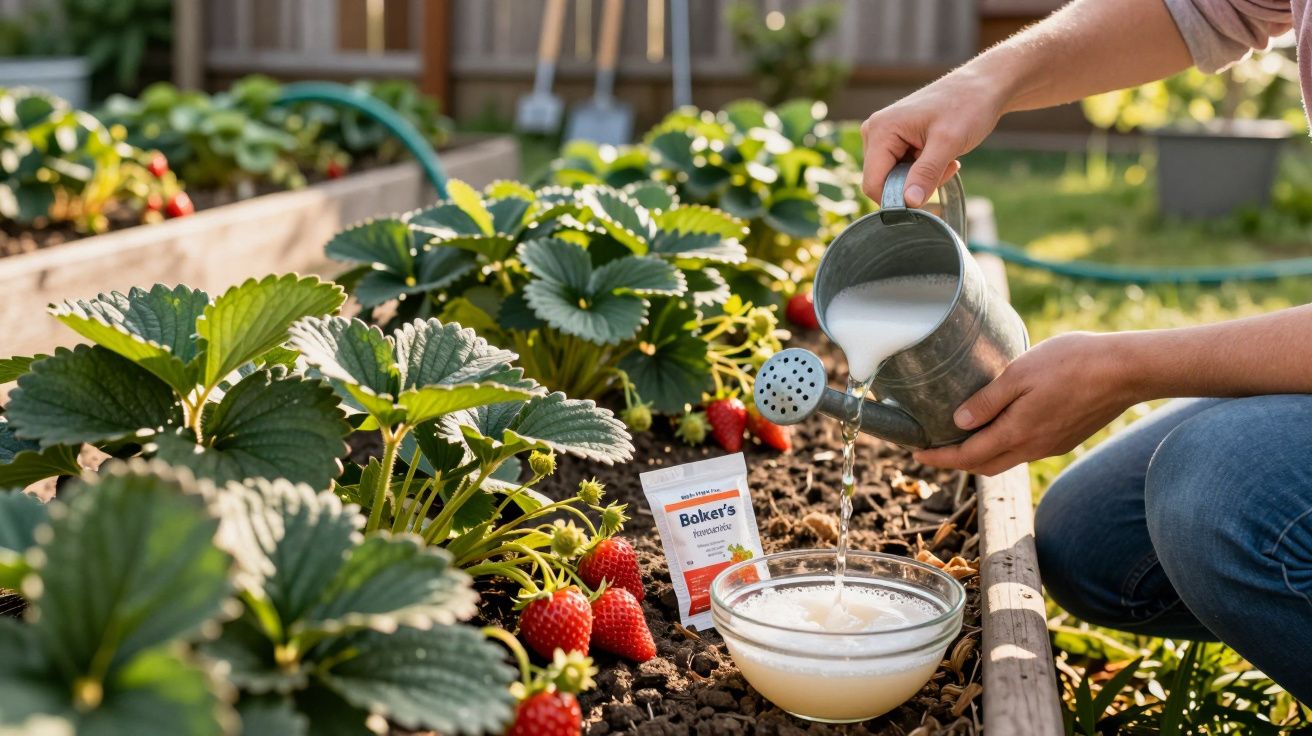 Pessoa a regar plantas de morango num canteiro de jardim com água num regador metálico.