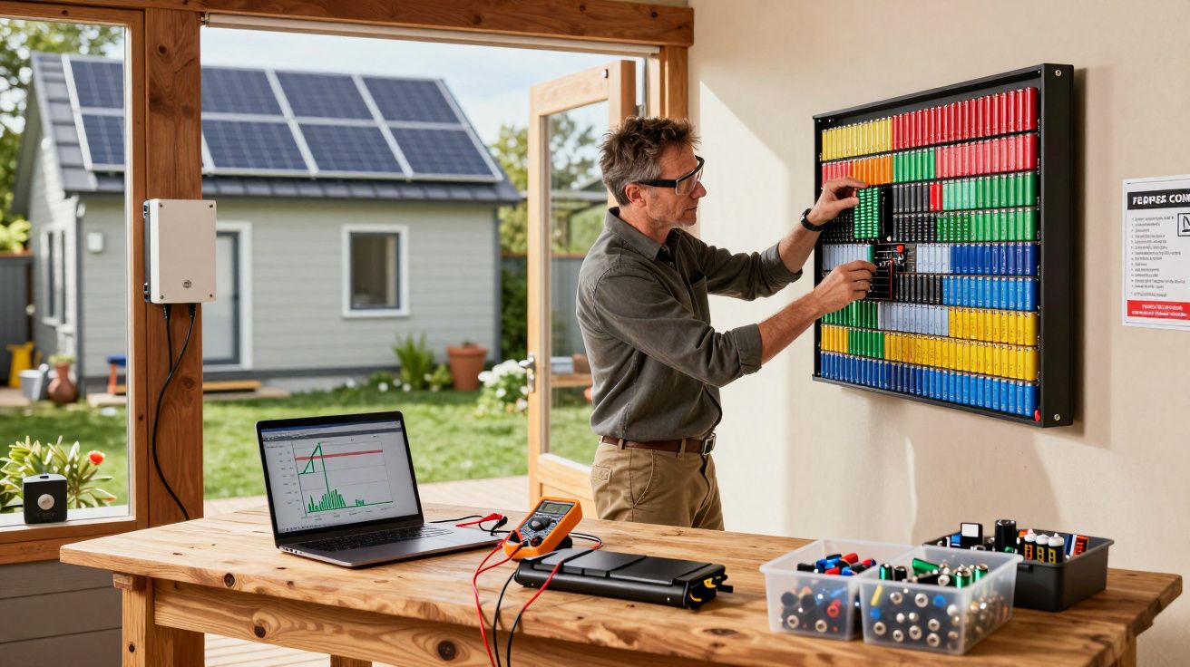 Homem a trabalhar num sistema elétrico com painéis solares visíveis através da janela.