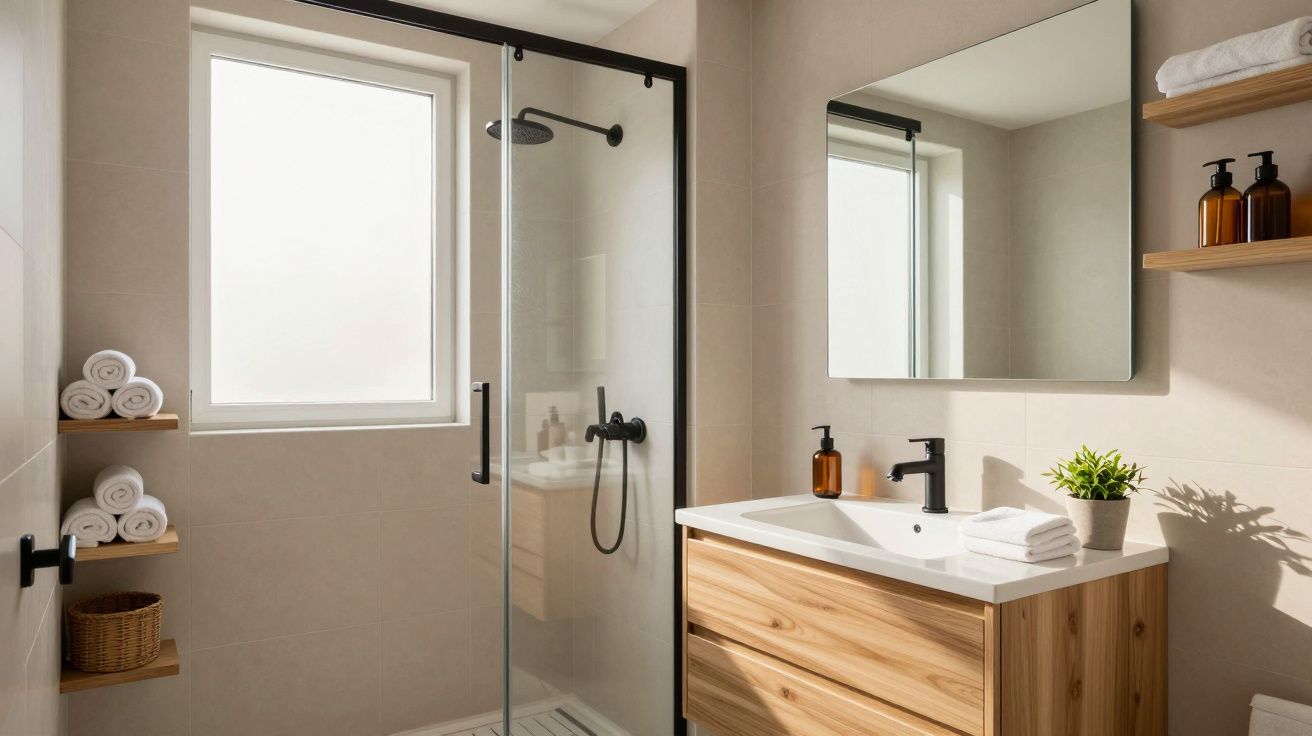 Casa de banho moderna com base de duche com porta de vidro, armário madeira, espelho e prateleiras com toalhas e produtos.