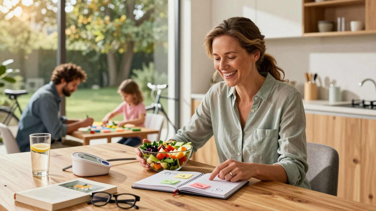 Mulher sorridente sentada à mesa com salada e agenda, homem e criança brincam ao fundo numa cozinha luminosa.