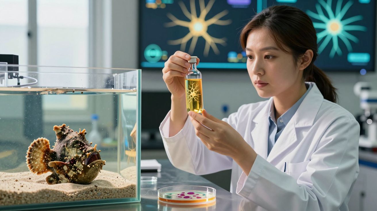 Cientista em laboratório a analisar um frasco com líquido amarelo junto a um aquário com peixe exótico.