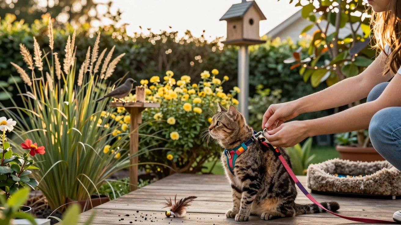 Gato com coleira é preparado para passeio no jardim, observando um pássaro numa plataforma de alimentação.