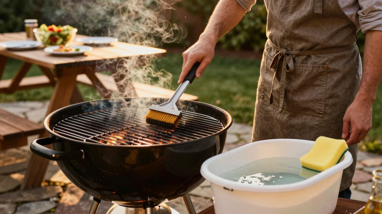 Pessoa a limpar a grelha do churrasco com escova, ao ar livre, durante um dia soalheiro.