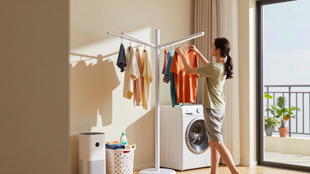 Mulher pendura roupa num varal interior perto de lavandaria com luz natural e plantas na varanda.