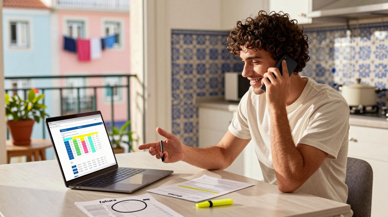 Homem sorridente a falar ao telefone enquanto analisa dados num computador portátil em casa.