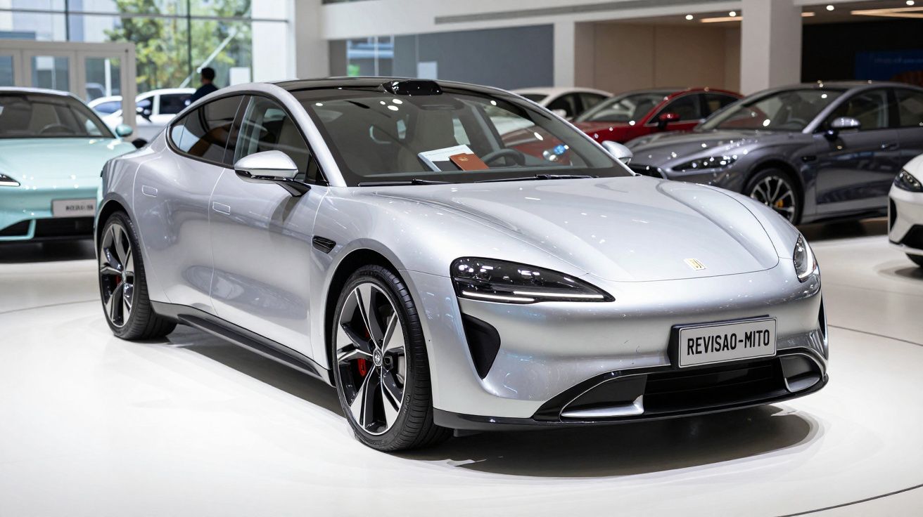 Carro elétrico desportivo prateado exposto em salão automóvel, vista frontal lateral direita.