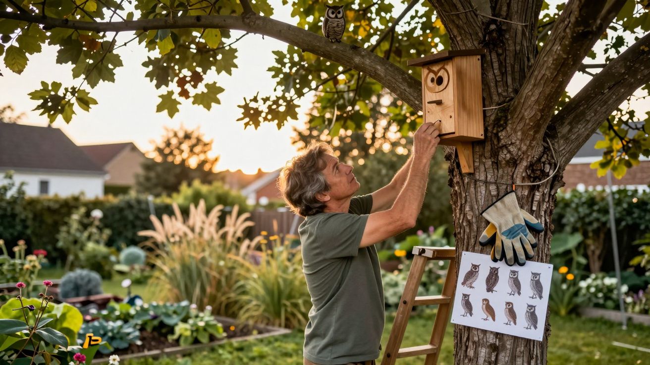 Homem instala casa para coruja numa árvore num jardim ao pôr do sol.