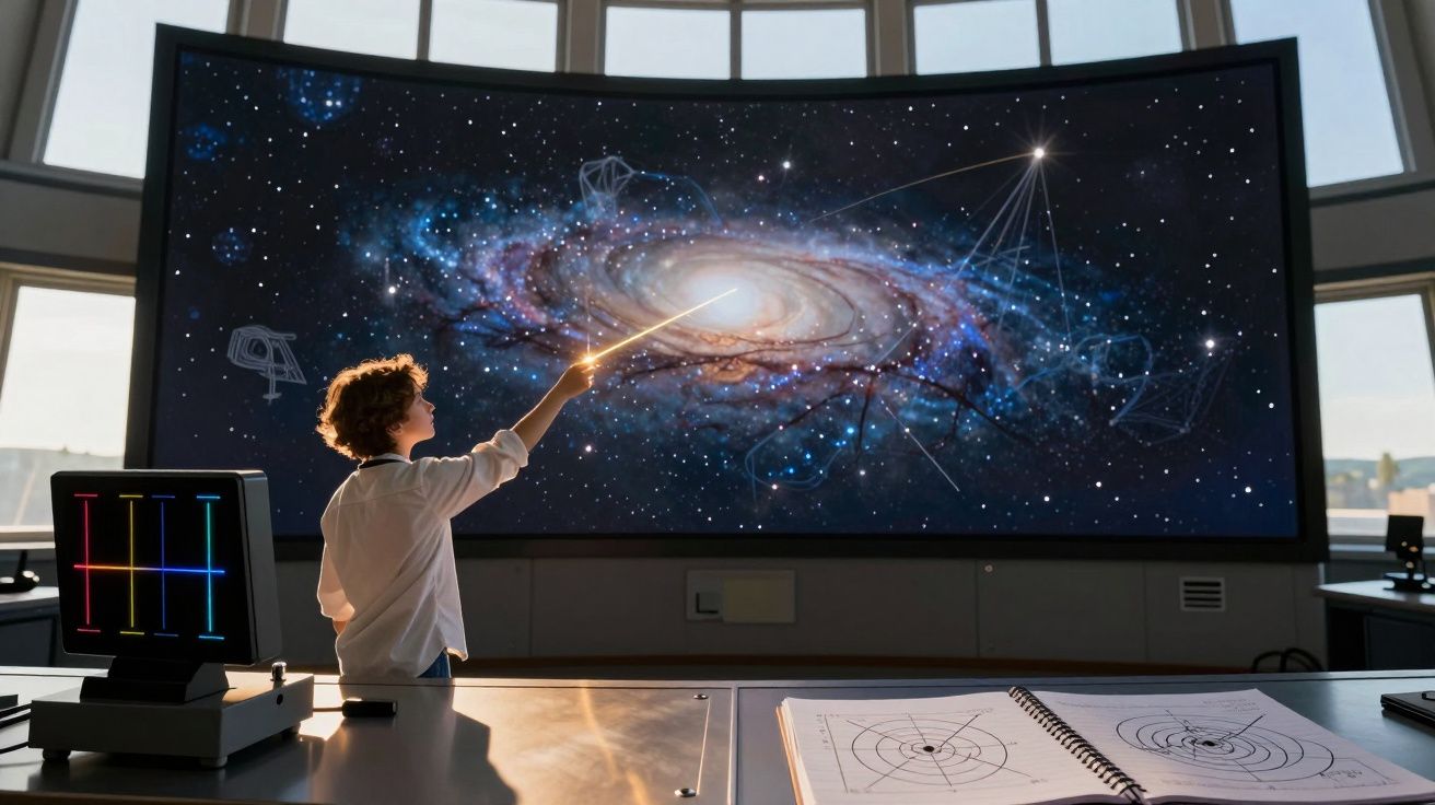 Criança segura varinha apontando para galáxia num grande ecrã curvo, numa sala iluminada com janelas grandes.