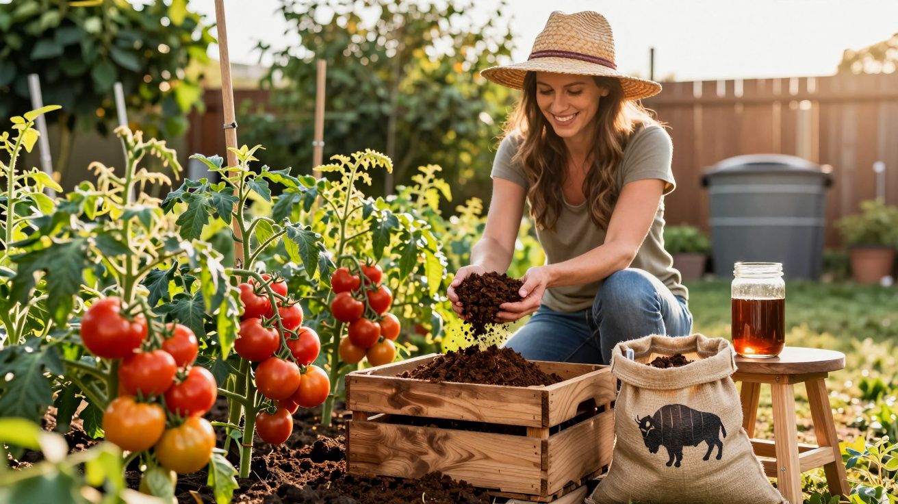 Mulher a cultivar tomateiros num jardim, segurando terra junto a uma caixa de madeira e um saco de fertilizante.