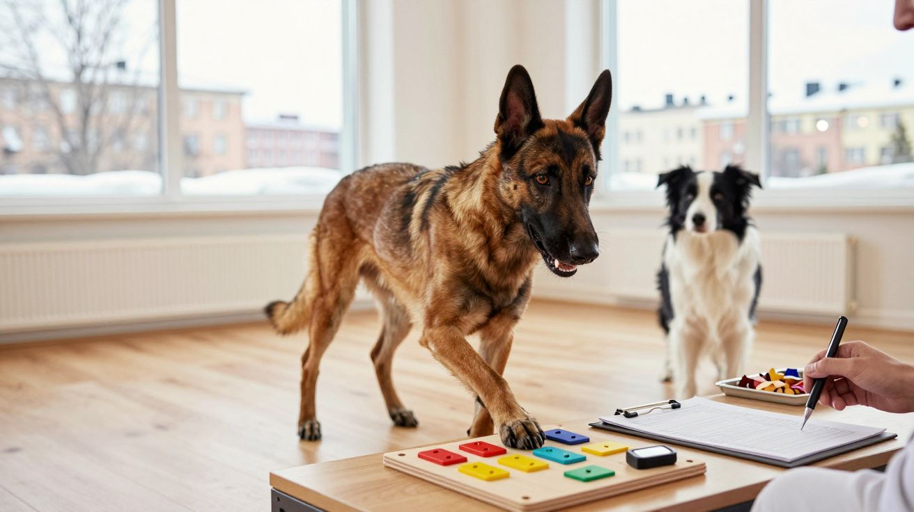 Cão pastor alemão a interagir com um brinquedo de cores, outro cão ao fundo e uma pessoa a escrever num bloco.