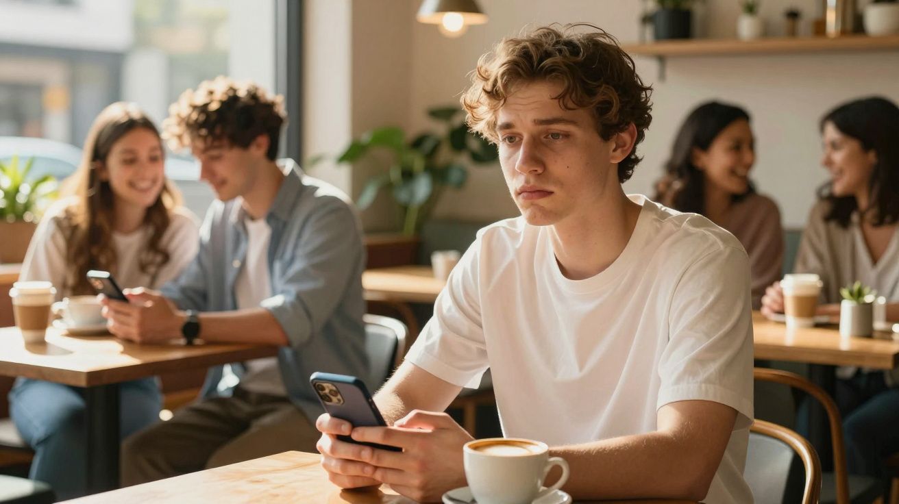 Rapaz com expressão triste sentado sozinho num café a olhar para o telemóvel, com grupo de amigos ao fundo.