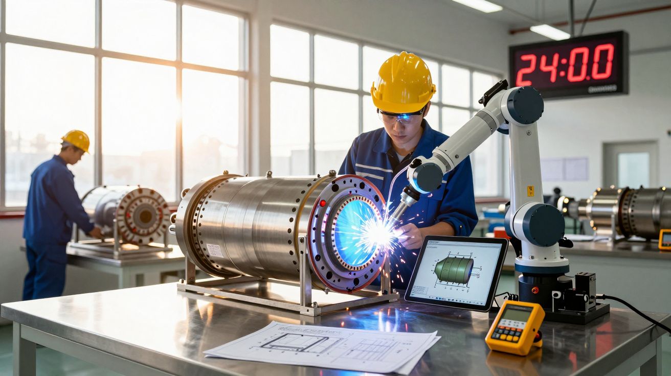 Engenheiro a trabalhar com braços robóticos e equipamentos numa fábrica luminosa.