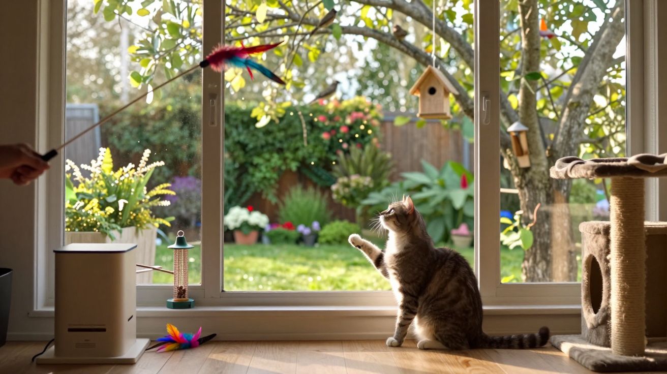 Gato cinzento sentado junto a janela grande a brincar com penas coloridas numa casa com vista para jardim ensolarado.