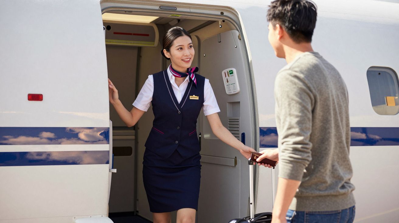 Tripulante de cabine sorridente a ajudar passageiro com mala na entrada de avião.