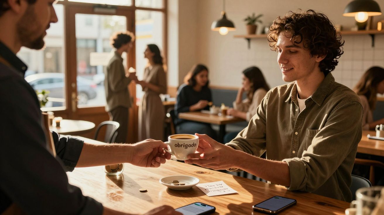 Dois homens trocando uma chávena de café num café acolhedor com outras pessoas ao fundo.
