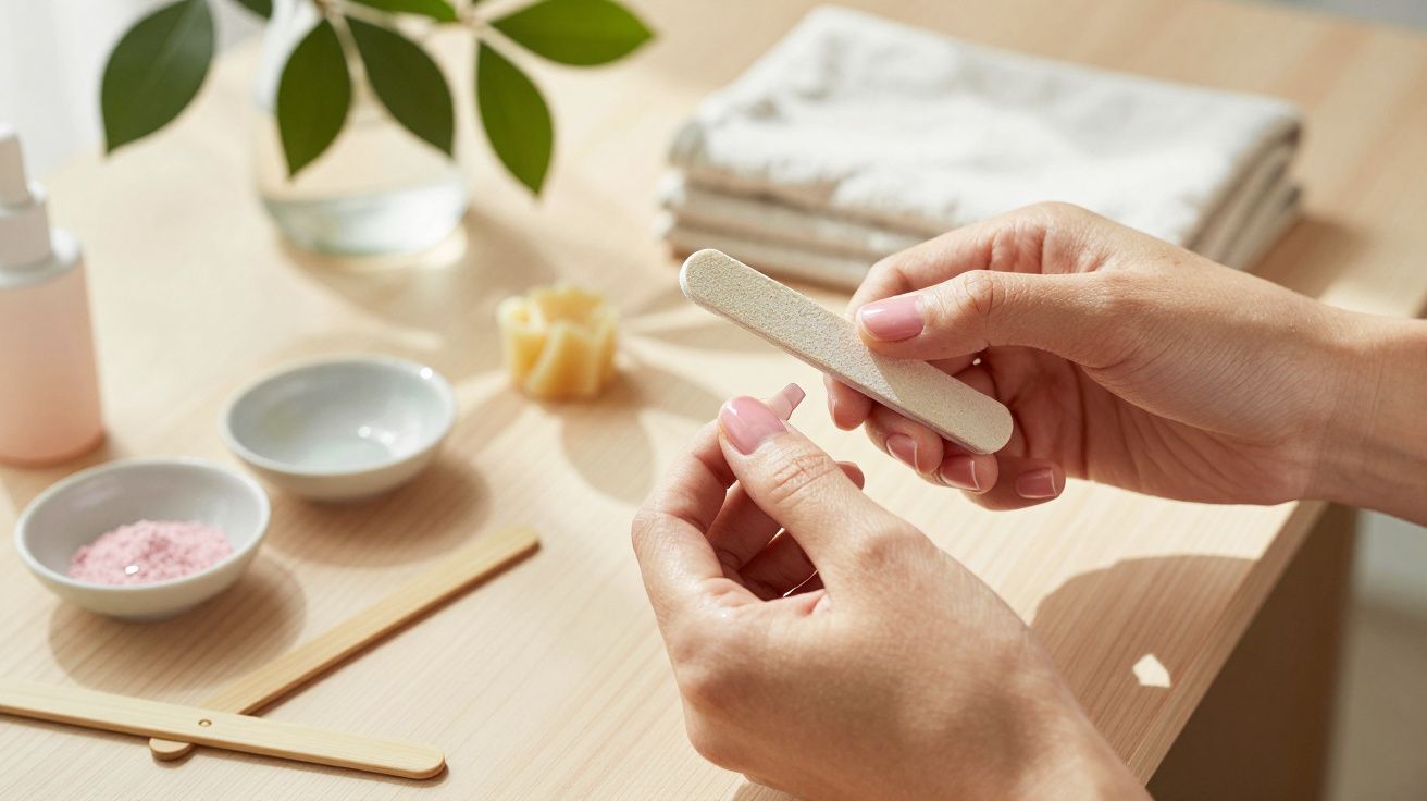 Pessoa a lixar as unhas com lixa branca numa mesa com utensílios de manicure e toalhas.