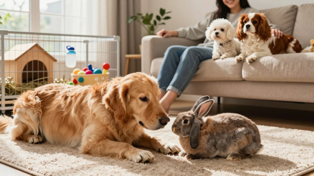 Cão dourado e coelho frente a frente numa sala com dois cães pequenos ao fundo e pessoa sentada no sofá.
