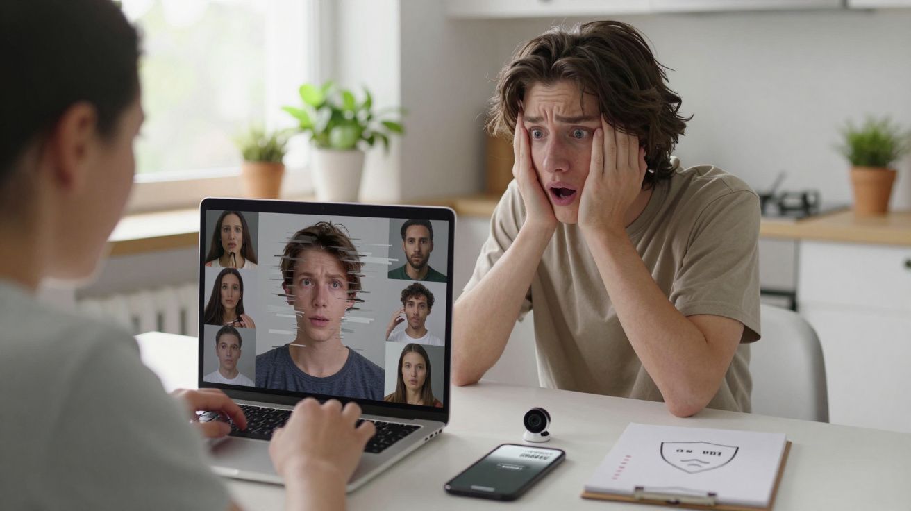 Jovem surpreendido numa videochamada com várias pessoas numa sala de estar iluminada e moderna.