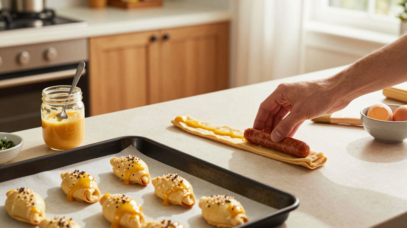 Mão a enrolar massa com salsicha e mostarda numa cozinha, perto de tabuleiro com croissants prontos para cozer.