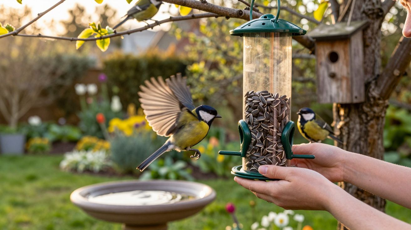 Mãos seguram comedouro com sementes para pardais em voo num jardim com árvore e bebedouro.