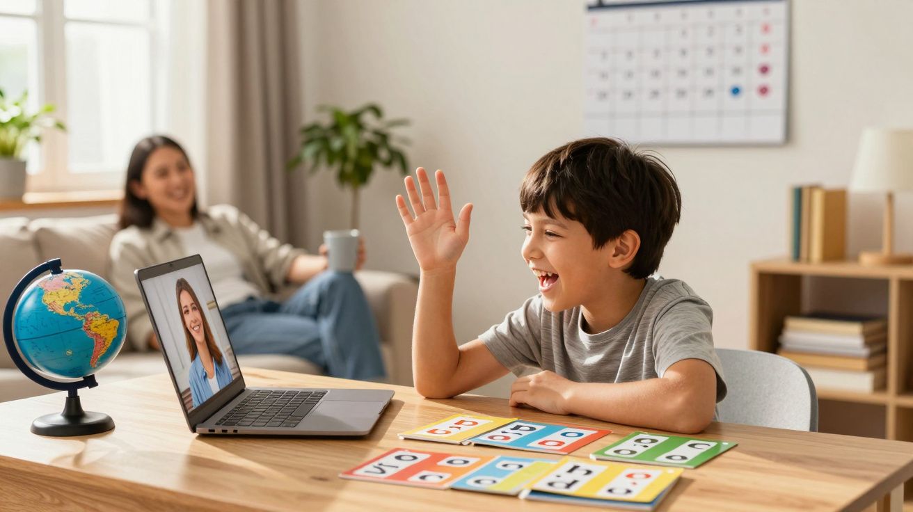Menino numa videochamada educativa com uma mulher num ambiente doméstico acompanhado de materiais de estudo.