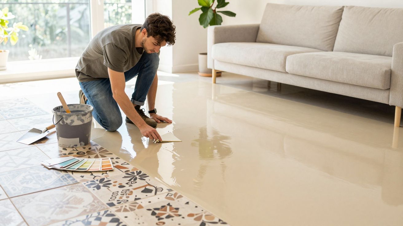 Homem a aplicar resina epóxi no chão de uma sala moderna com sofá cinzento e azulejos decorativos.