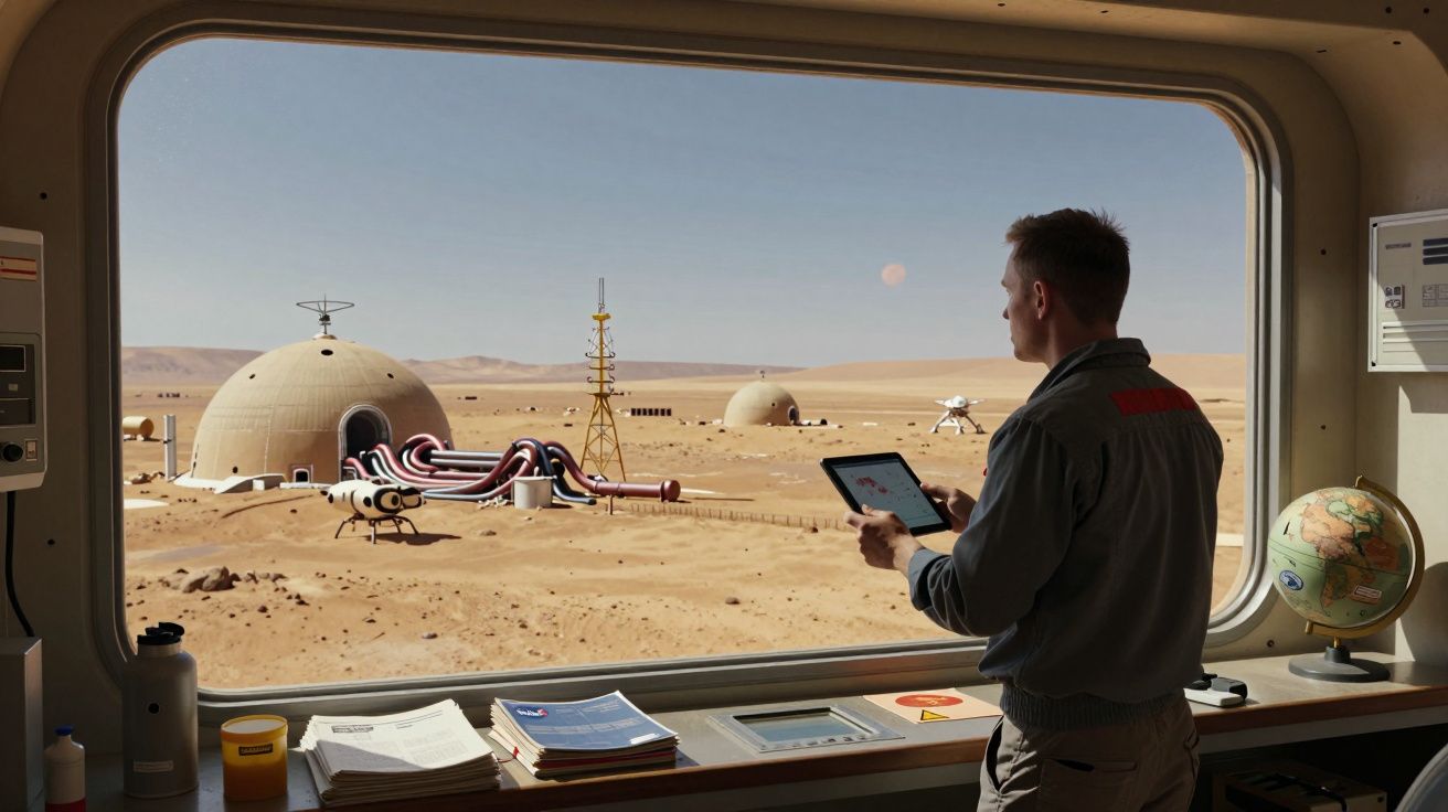 Homem observa uma colónia futurista em ambiente desértico através de uma grande janela.