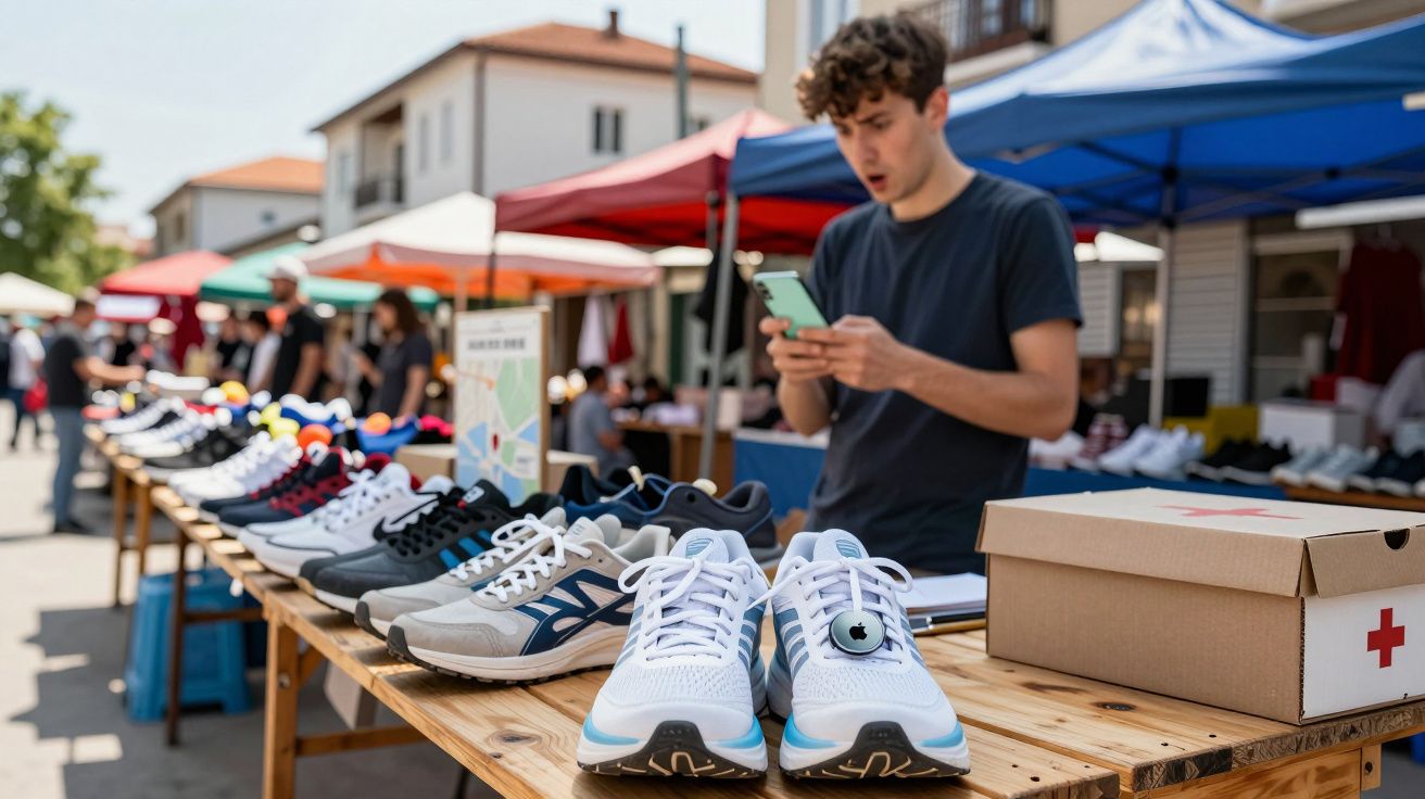 Mercado ao ar livre com várias sapatilhas expostas e um jovem a olhar para o telemóvel junto a uma mesa.