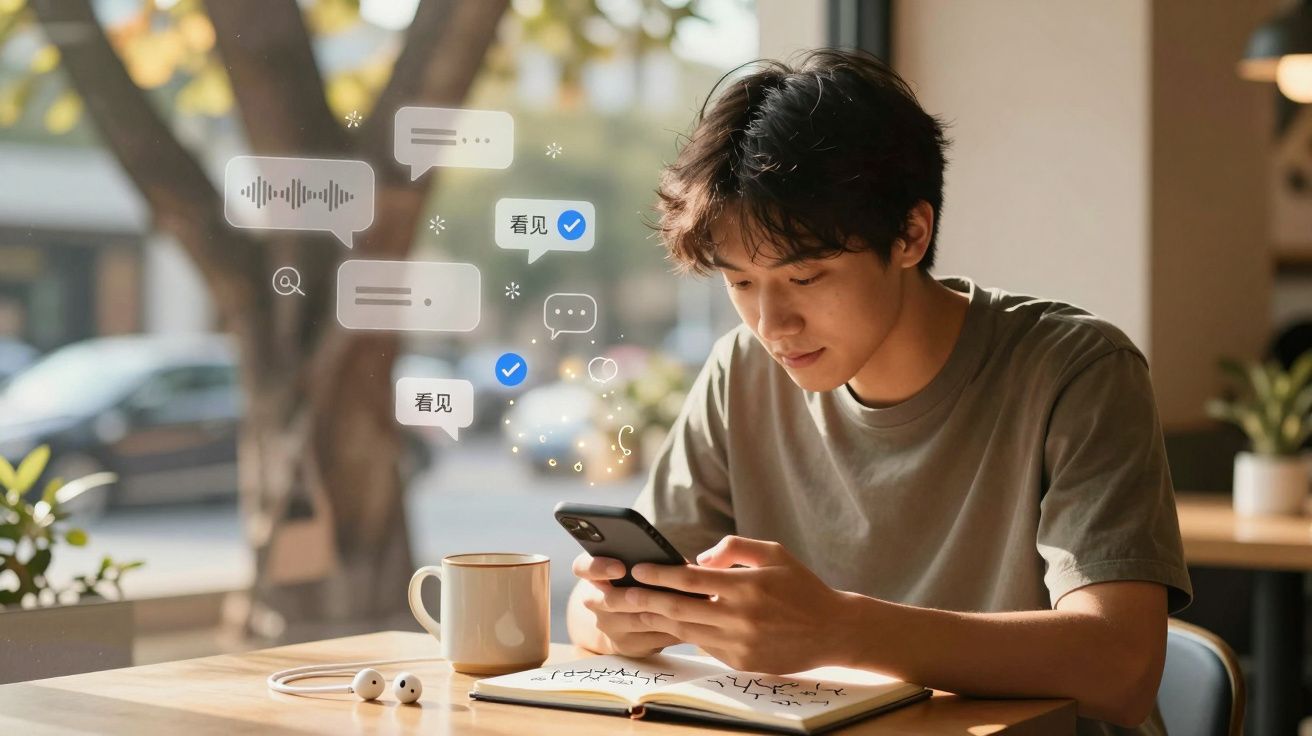 Jovem sentado numa mesa com chá e caderno, a usar telemóvel com ícones de mensagens digitais flutuantes.