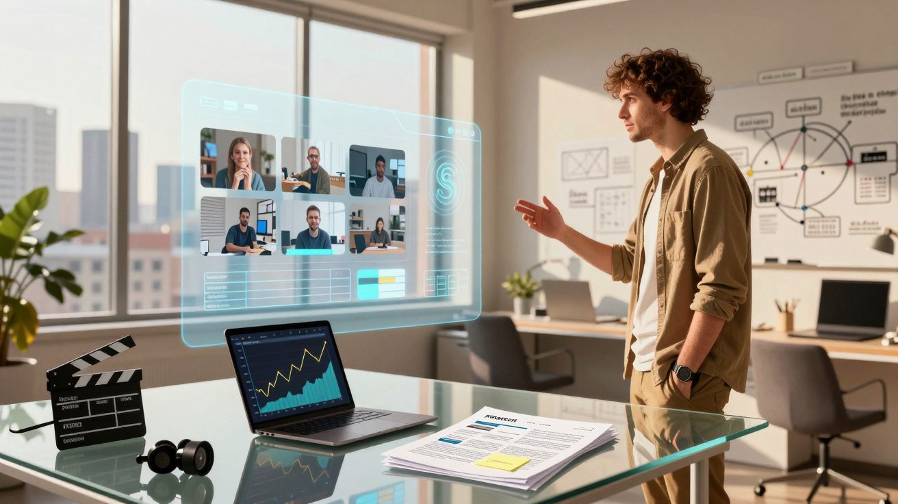 Homem em escritório interage com holograma de videoconferência e gráfico no computador portátil.