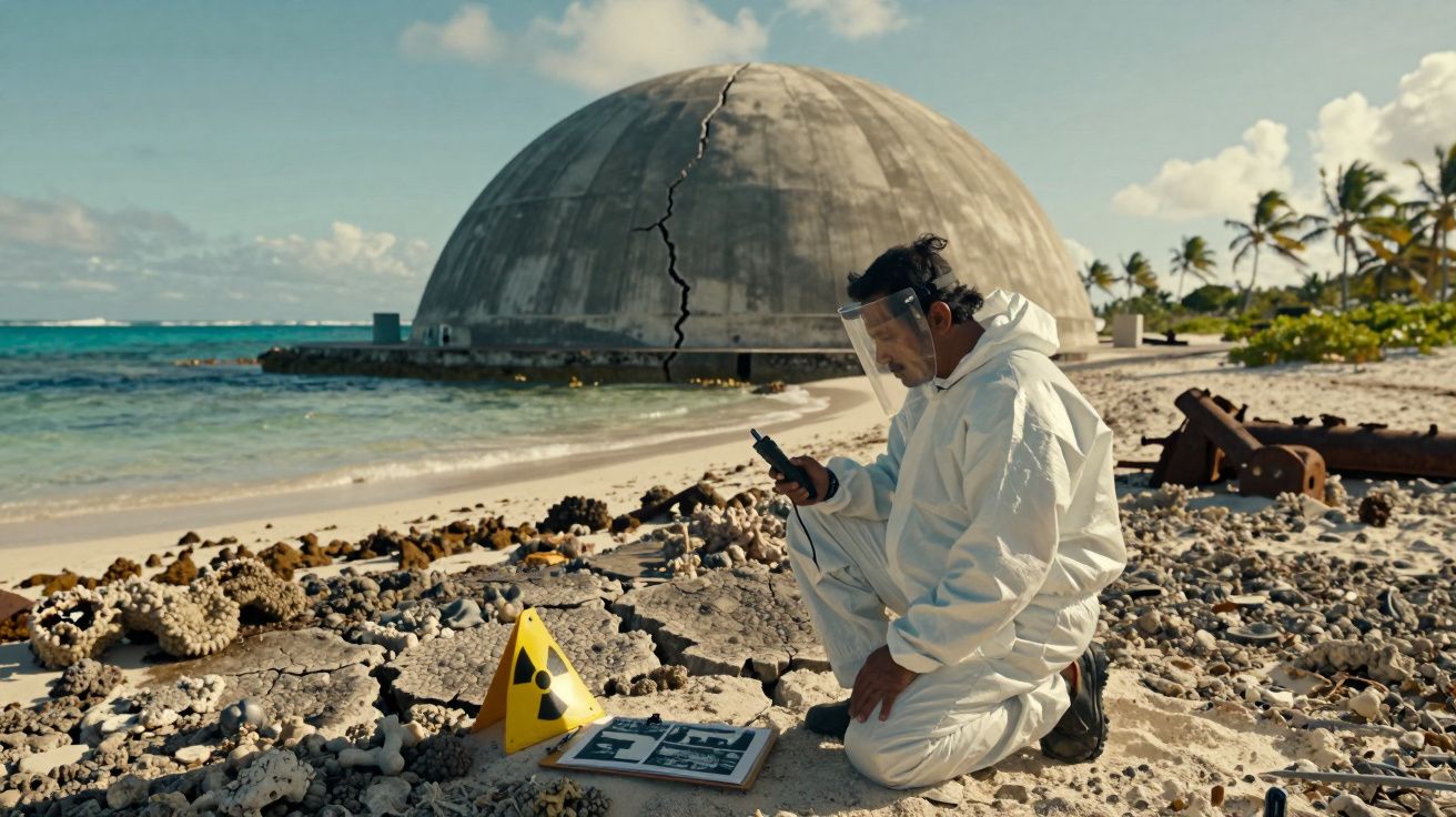 Homem de fato protetor verifica contaminação radioativa na praia junto a cúpula rachada.