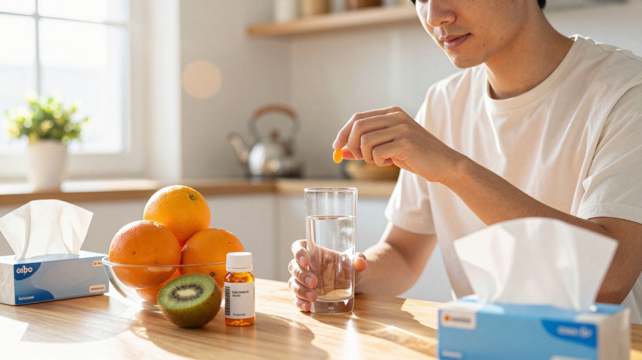 Pessoa a tomar um comprimido com um copo de água numa cozinha com fruta e lenços de papel na mesa.
