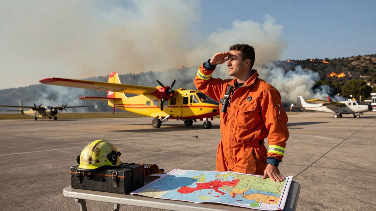 Homem em fato laranja com mapa sobre mesa, aviões de combate a incêndios e fogo na floresta ao fundo.