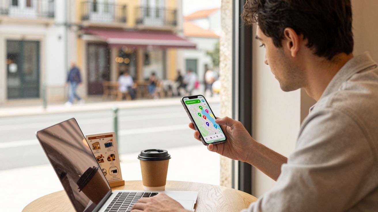 Homem sentado numa mesa de café a usar smartphone com mapa digital e laptop aberto à sua frente.